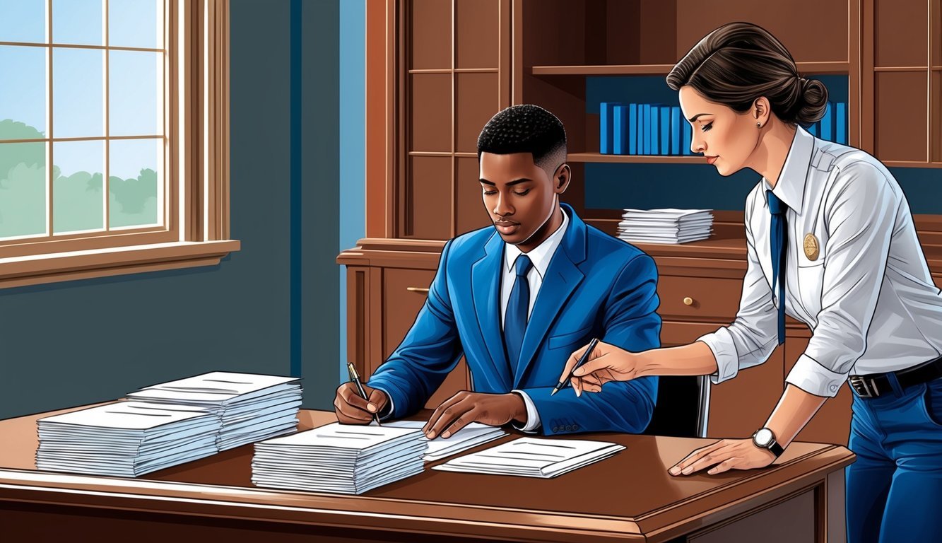 A person sitting at a desk filling out forms with a government worker assisting them