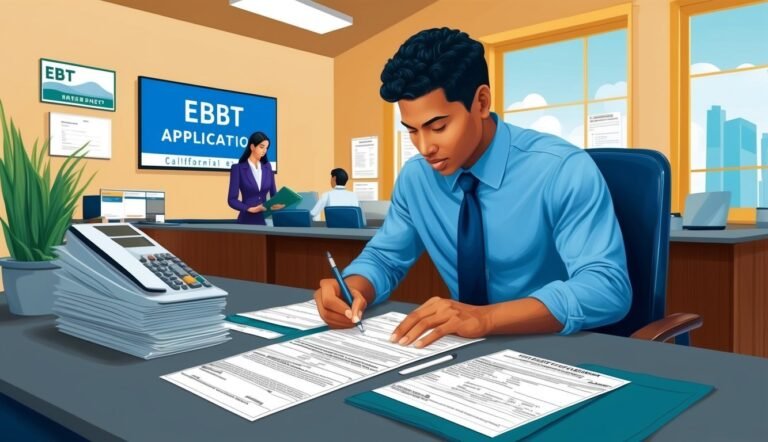 Man filling out EBBT application form at a desk in an office