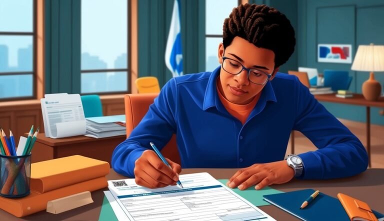 Young man in glasses writing on a form at a desk