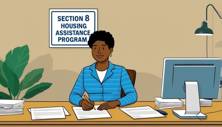 Cartoon of a woman at a desk, Section 8 sign above