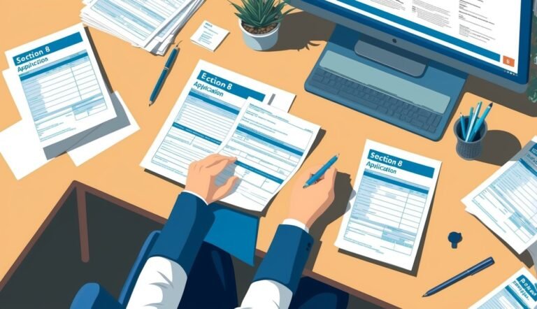 Person filling out Section 8 application forms on a desk
