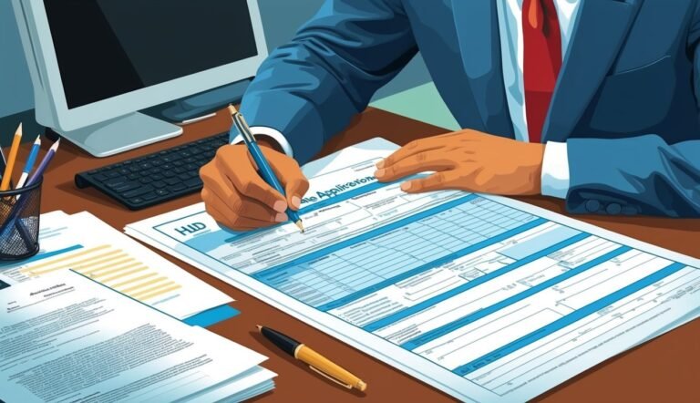 Person in suit filling out a form at a desk with a computer