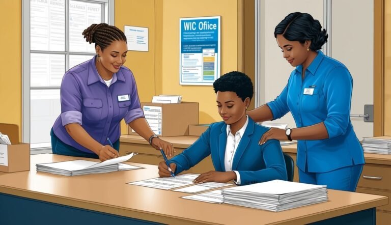Three women at a desk, one signing paperwork in a WIC office