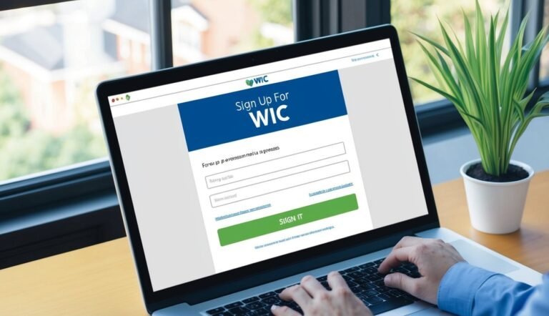 Laptop screen displaying a WIC sign-up form, hands typing on the keyboard