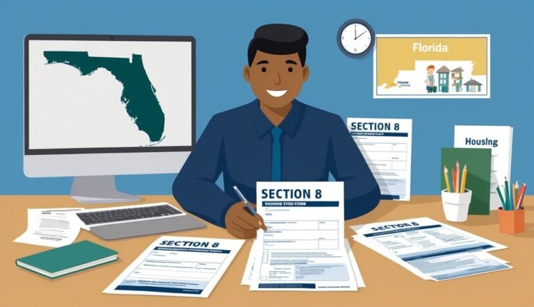 Man filling out Section 8 form, Florida map on computer, housing documents