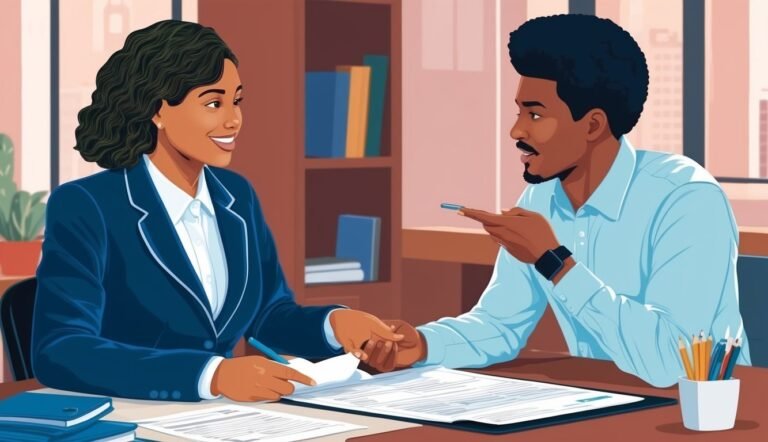 Two business people, a man and woman, reviewing documents together