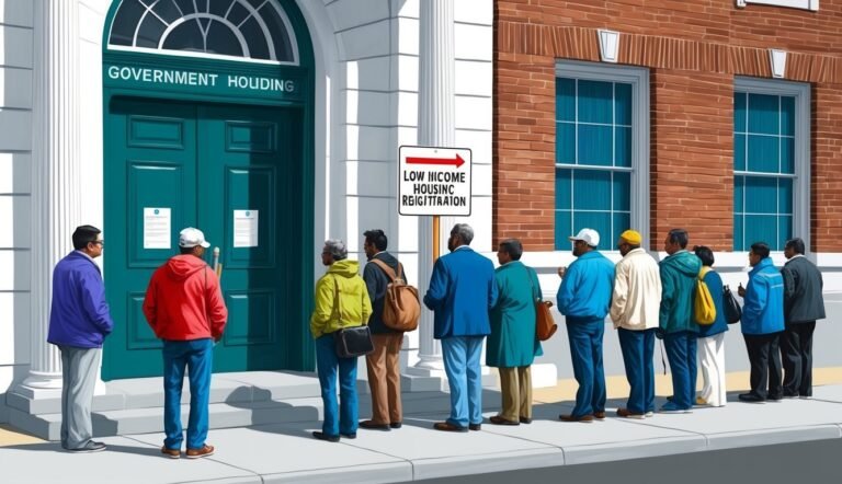 People line up for low-income housing registration at a government building