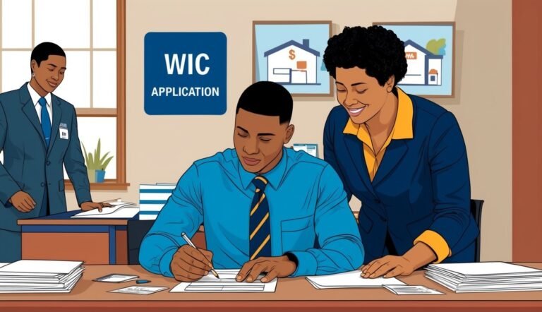 Man filling out a WIC application with assistance from a smiling woman