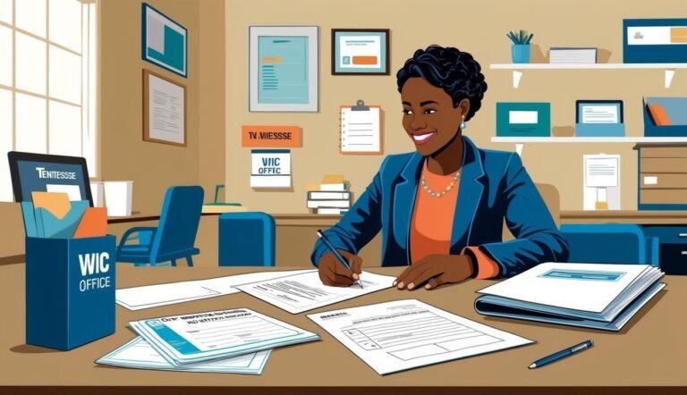 Smiling woman in a WIC office writing on paperwork at her desk
