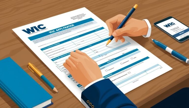 Person filling out a WIC application form with pens and a smartphone