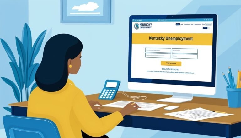 Woman at desk filling out Kentucky Unemployment form on computer