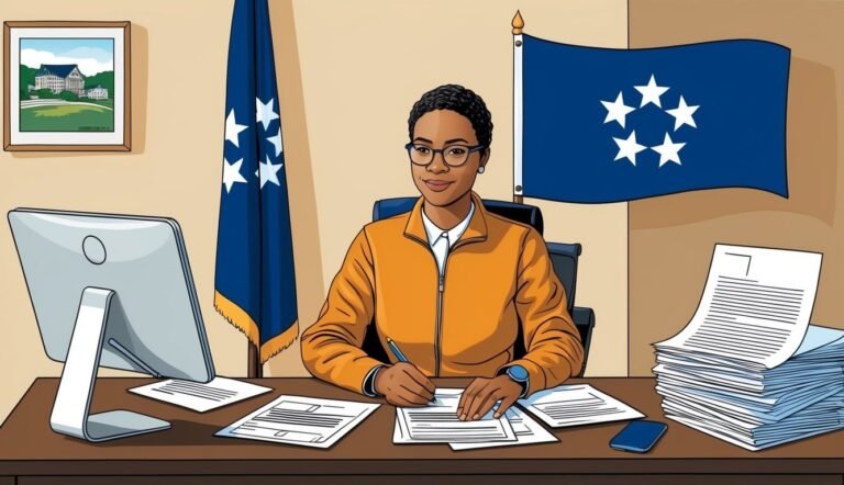 Woman in office writing at desk with flags and computer