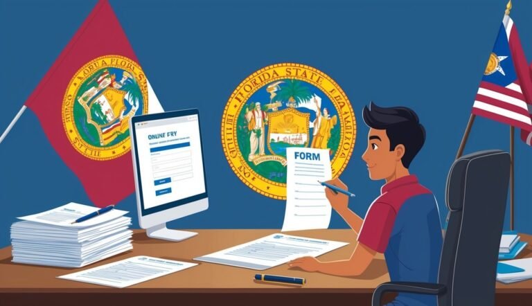 Man filling out forms, computer, and Florida flags in a cartoon illustration