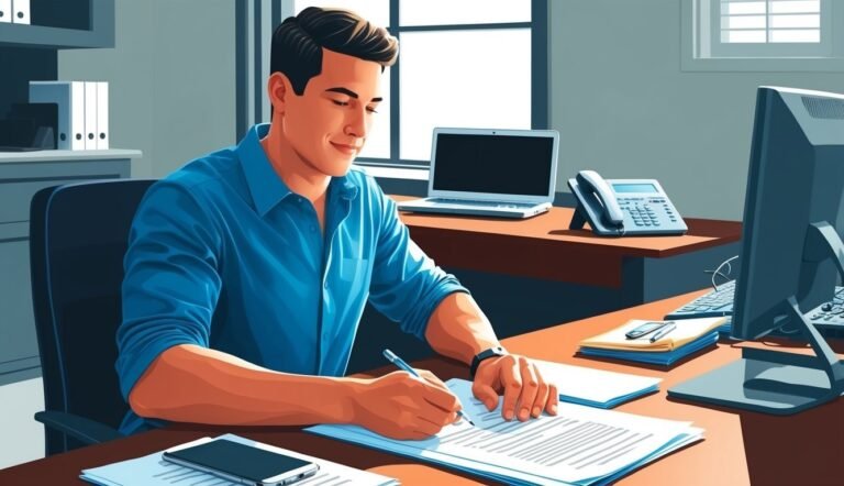 Man in blue shirt writing at a desk with computer and phone