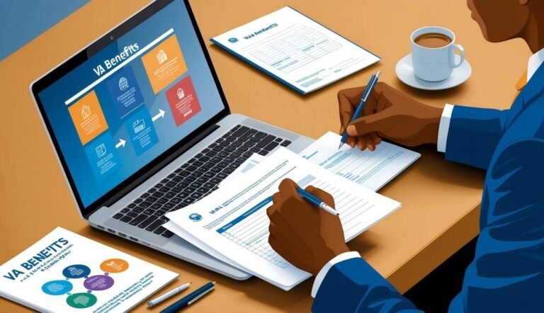 Person filling out VA benefits forms at a desk with a laptop