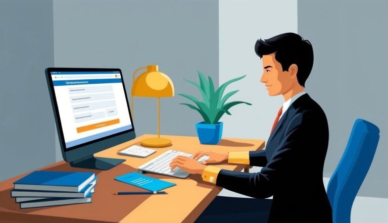 Man in suit typing on a keyboard at a desk with a computer