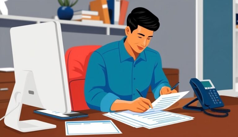 Man in blue shirt writing on documents at a desk with computer