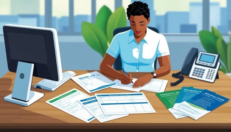 Woman at desk writing on paperwork, computer and phone nearby