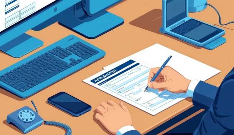Person filling out an application form at a desk with computer and phone