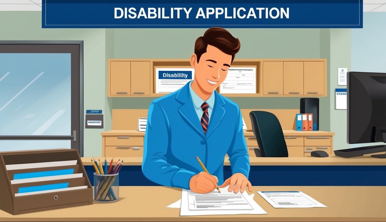 A person filling out a form at a government office, with a sign indicating "Disability Application" above the counter