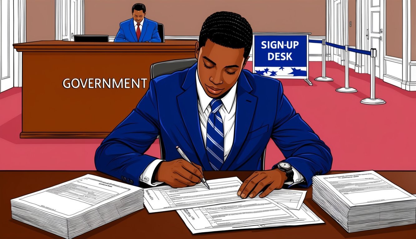 A person filling out forms at a desk in a government office, with a sign-up desk in the background