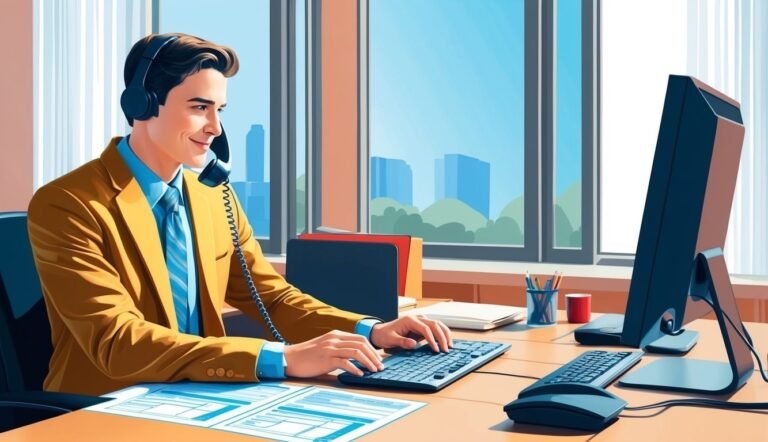 Man in office attire on the phone, working at a computer