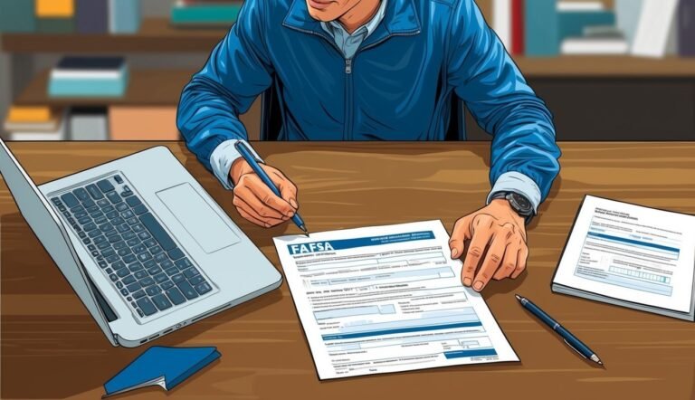 Person filling out FAFSA form at a desk with laptop and paperwork