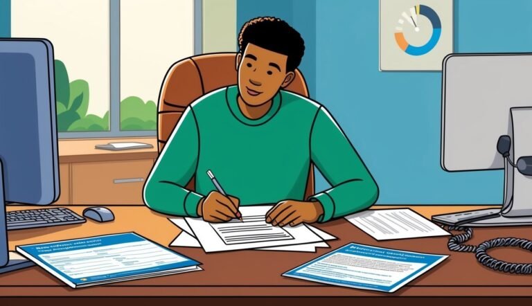 Man in green shirt writing at a desk with documents and computers