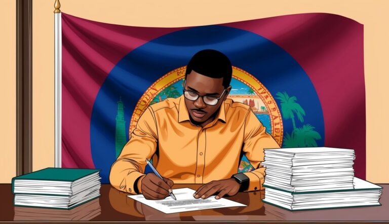 Man signing document at desk with flag in background