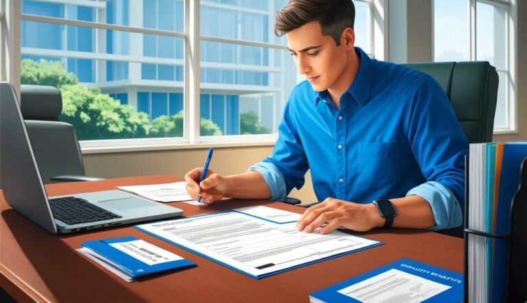 Man in blue shirt writing on documents at a desk in an office
