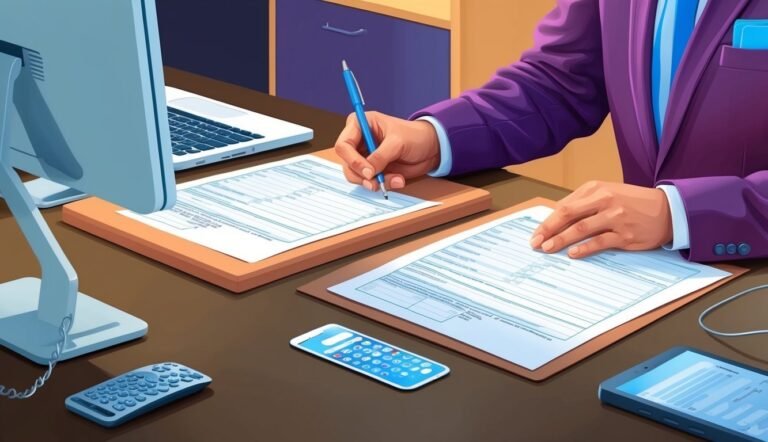 Person in purple suit filling out forms at a desk with devices