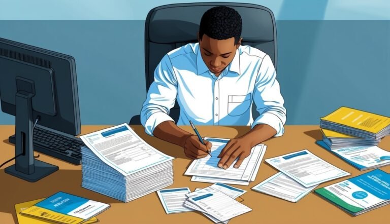 Man at desk writing on paperwork, surrounded by documents and books