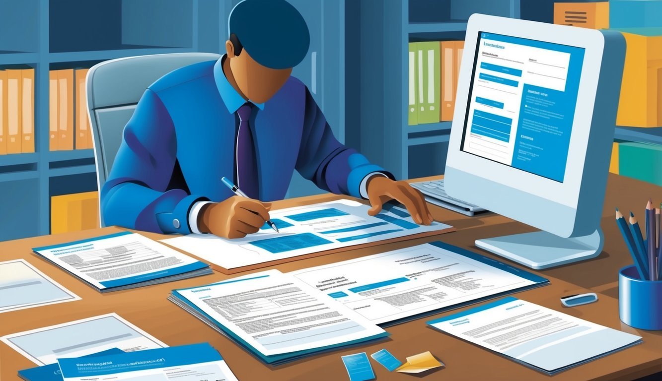 A person sitting at a desk with a computer, filling out forms with a pen, surrounded by paperwork and informational brochures