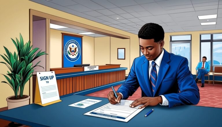 A man in a blue suit signing paperwork at a government office