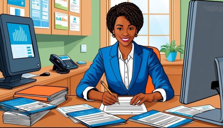 Smiling businesswoman in blue suit writing at her desk with documents and computer