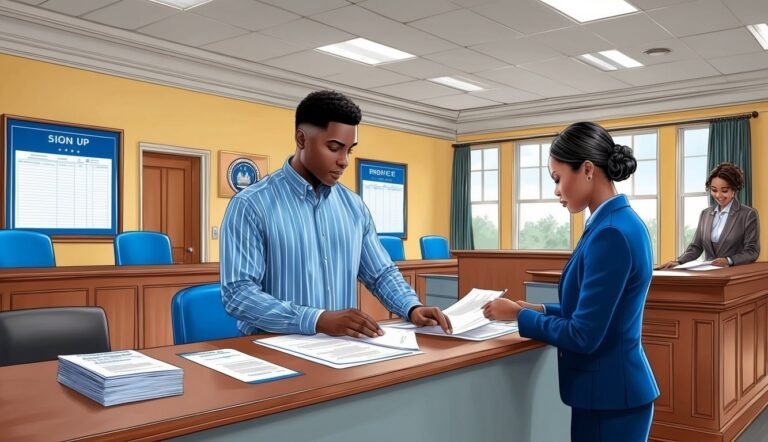 Two people reviewing documents at a counter in a courtroom setting