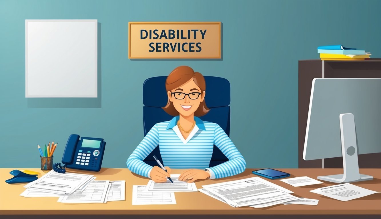 A person filling out forms at a desk with a computer, phone, and paperwork scattered around.</p><p>A sign on the wall reads "Disability Services"