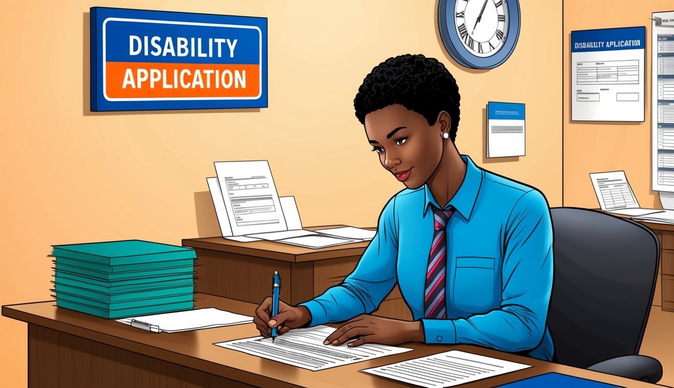 A person filling out a form at a government office, with a sign indicating "Disability Application" above the desk