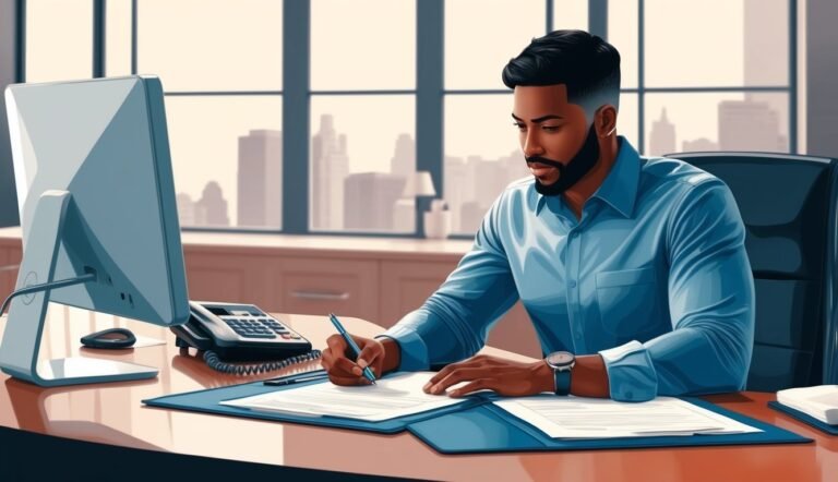 A man in a blue shirt writing at a desk in an office