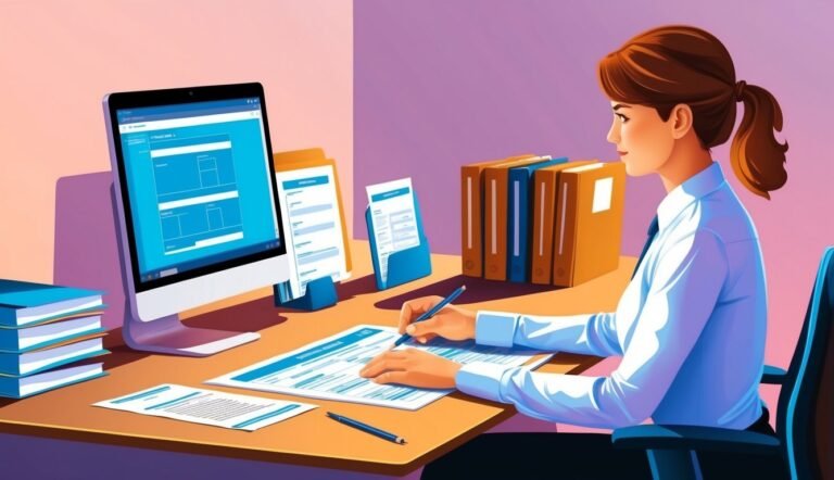 Woman working at a desk, computer, and paperwork, filling out forms