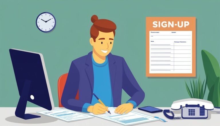 Man signing up form, desk with computer, phone, and clock on wall