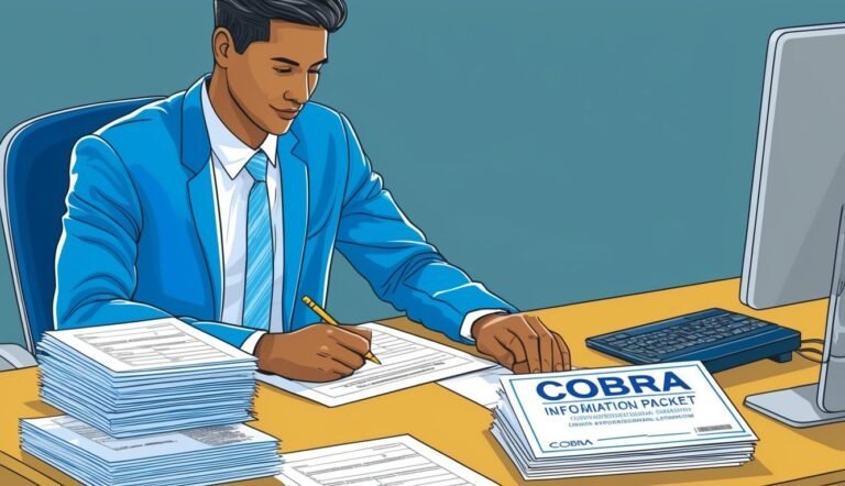 Man in blue suit signing paperwork, COBRA information packet on desk