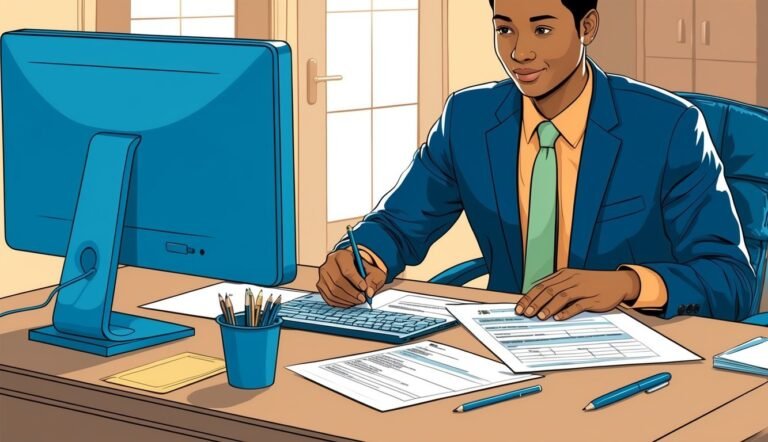 A businessman in a blue suit working at a desk with documents