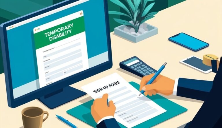 Person filling out a sign-up form, with a temporary disability form on a monitor