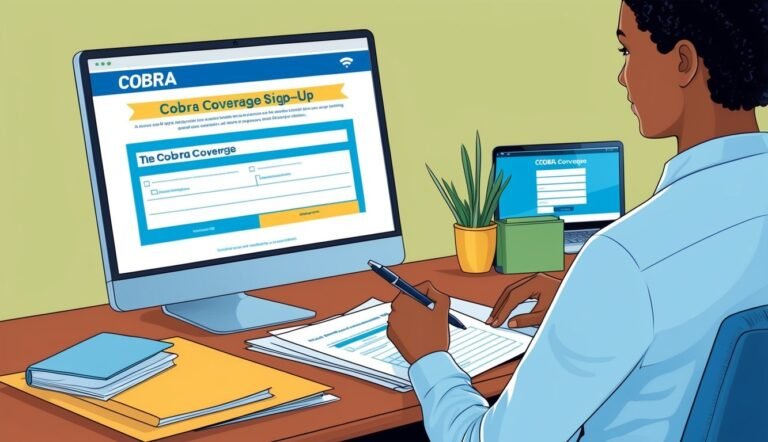 Person filling out COBRA coverage form on a computer and paperwork