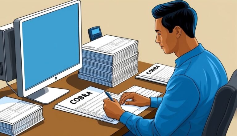 Man working on COBRA forms at a desk with a computer