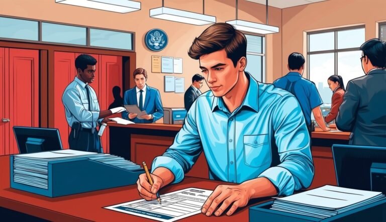 Man in blue shirt filling out a form at a desk
