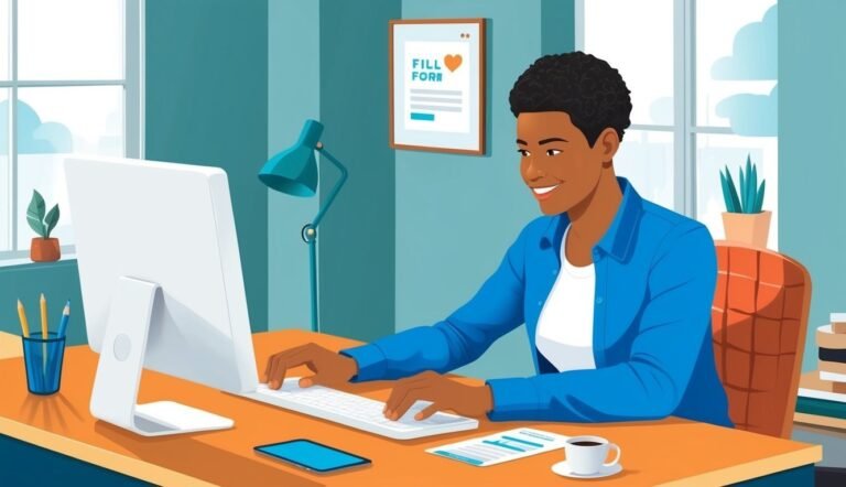 Woman working on computer at desk with "Fill Form" sign