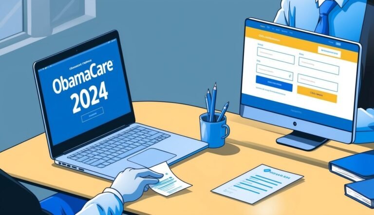 Laptop and monitor displaying "ObamaCare 2024" and online form, desk with paperwork