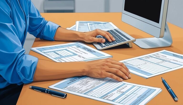Person working on paperwork with a calculator and computer on a desk